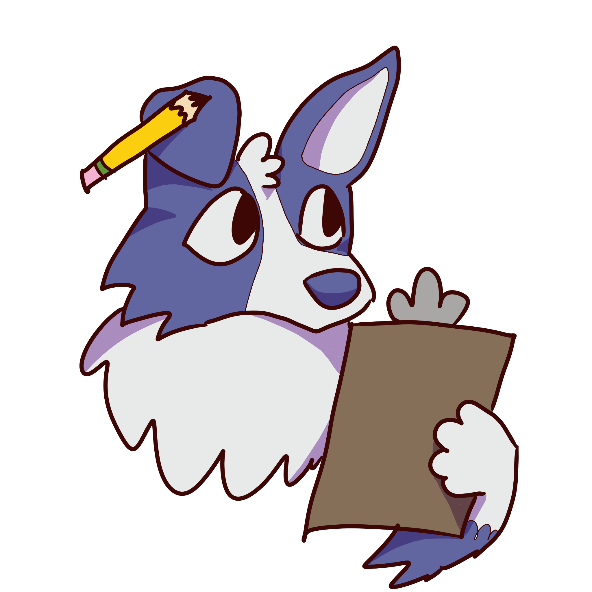 a blue dog holds a clipboard and has a pencil on its ear